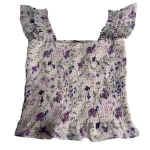 Express XS Floral Smocked Ruffle Top Sleeveless‎ Purple Blue White Blouse